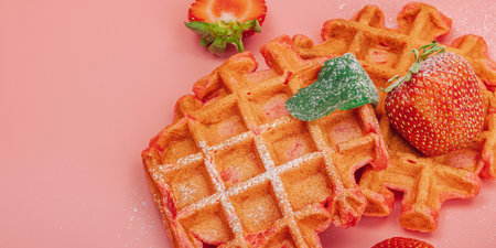 Homemade Belgian Waffles with strawberries. Gluten-free red dessert, fresh fruits and basil. Sweet sugar powder, trendy pink background, banner formatの写真素材