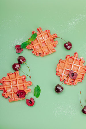 Homemade Belgian Waffles with sweet cherries. Gluten-free red dessert, fresh fruits and basil. Sweet...