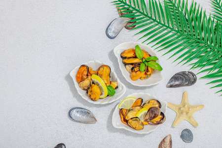 Mussels with oil, spices and greens. Healthy seafood is rich in omega. Marine decor, stone concrete...
