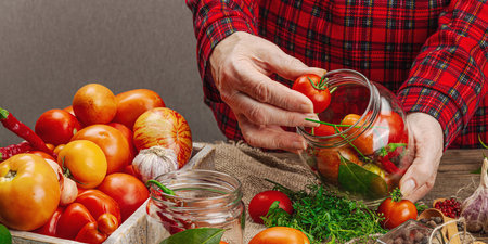 Preserved season vegetable concept. Harvest of tomato, chili, greens, onion and garlic. Woman's hands prepare ingredients for canned food, cooking process. Healthy recipes, home cuisine, banner formatの写真素材