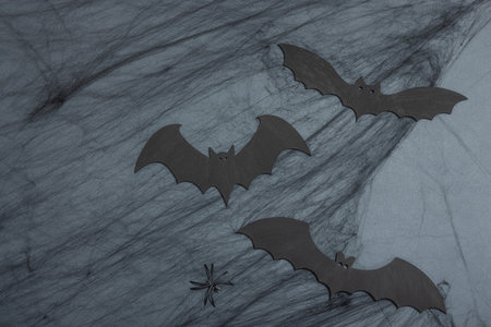 Funny Halloween background. Scary spider web, traditional fall bats and spiders. Festive flat lay,...