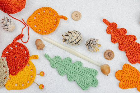 Set of clew of thread for knitting. Crocheted different leaves, handmade, autumn hobby concept. Props and special craft tools on light stone concrete background, top viewの写真素材