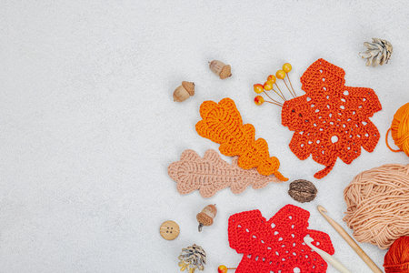 Set of clew of thread for knitting. Crocheted different leaves, handmade, autumn hobby concept. Props and special craft tools on light stone concrete background, top viewの写真素材