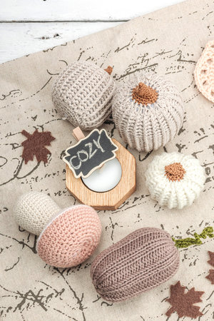 Cozy autumn mood composition. Handmade decor for home, traditional fall symbols - knitted pumpkin, mushrooms and leaves. White wooden background, flat lay, top viewの写真素材