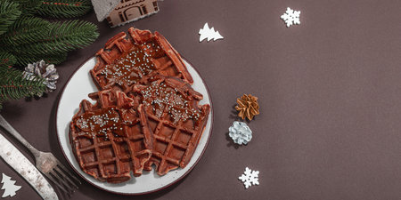 Christmas Belgian waffles with chocolate. Festive New Year dessert, traditional arrangement. Lactose free non gluten baking, trendy hard light, dark shadow, banner formatの写真素材