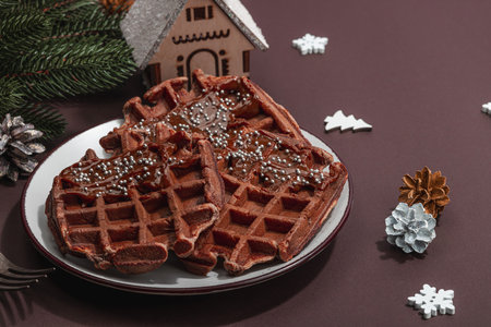 Christmas Belgian waffles with chocolate. Festive New Year dessert, traditional arrangement. Lactose free non gluten baking, trendy hard light, dark shadow, copy spaceの写真素材