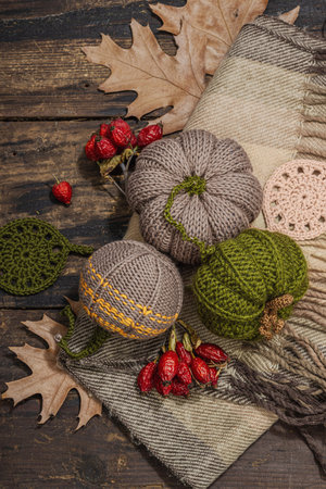 Autumn cozy mood composition. Crocheted pumpkins, handmade, fall hobby concept. Props and traditional decoration, knitting.Hard light, dark shadow, old wooden background, top viewの写真素材