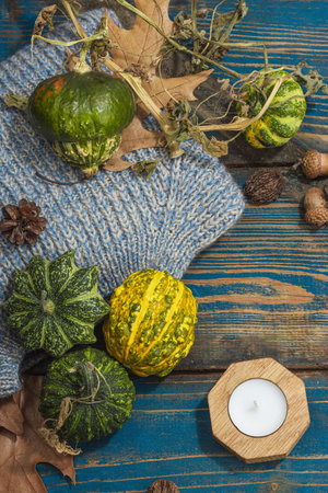 Autumn cozy composition. Crocheted sweater, pumpkins, handmade, fall hobby concept. Traditional decoration, knitting.Hard light, dark shadow, old wooden background, top viewの写真素材