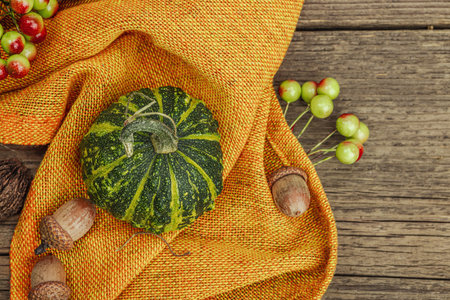 Autumn composition on wooden background. Assortment of decorative pumpkins, berries and fall leaves. Traditional symbol, festive design, top viewの写真素材