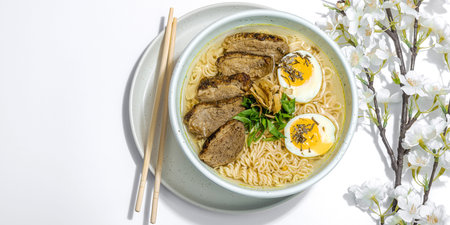 Japanese noodles Ramen with broth. Hot dish, duck, egg, greens, hard light, dark shadow. White...