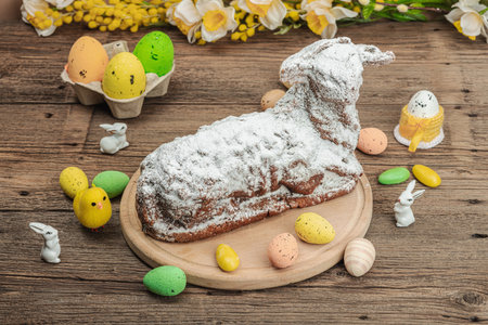 Easter lamb cake with traditional spring decor. Baked sweet dessert with sugar icing. Festive...