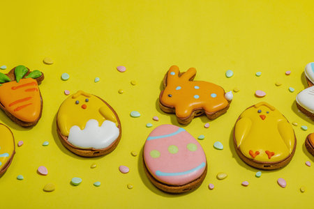 Traditional Happy Easter cookies, festive edible decor. Homemade baking concept, cute sweets....