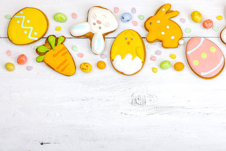 Traditional Happy Easter cookies, festive edible decor. Homemade baking concept, cute sweets....
