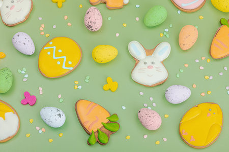 Traditional Happy Easter cookies, festive edible decor. Homemade baking concept, cute sweets....