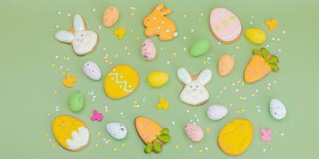 Traditional Happy Easter cookies, festive edible decor. Homemade baking concept, cute sweets....