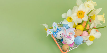 Easter sale concept. Shopping basket with festive symbols - rabbit, eggs, bird, and traditional...