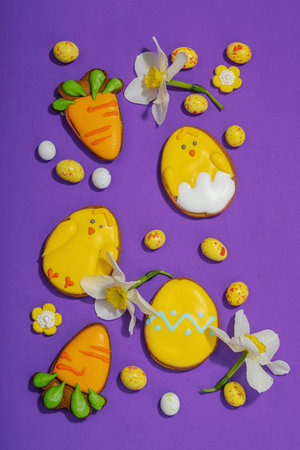 Traditional Happy Easter cookies, festive edible decor. Homemade baking concept, cute sweets....