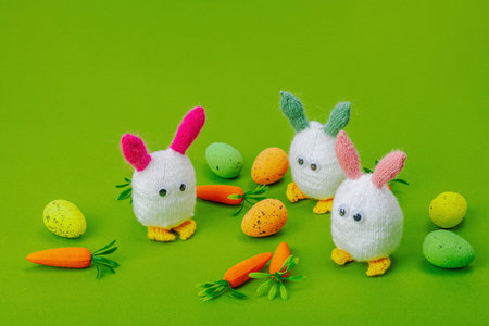 Handmade Easter concept. Knitted bunnies with traditional decoration. Festive symbols, greeting...