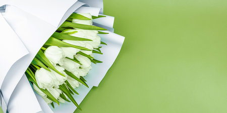 A bouquet of white tulips on a pastel green background. Blooming flowers, festive concept for Mother's Day or Valentine's Day. Greeting card, Easter flat lay, best wishes, banner formatの写真素材
