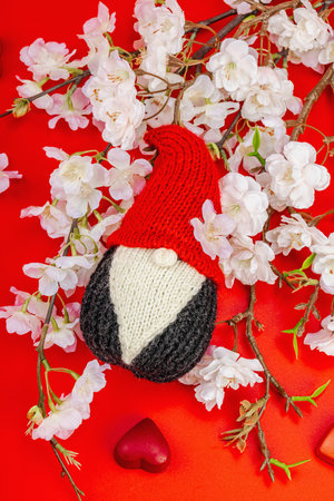 Minimalist spring greeting card with knitted gnome and blooming cherry branches. Traditional festive symbol, handmade concept. Passion red background, top viewの写真素材
