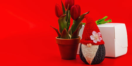 Minimalist spring greeting card with knitted gnome, tulips and gift box. Traditional festive symbol, handmade concept. Passion red background, banner formatの写真素材