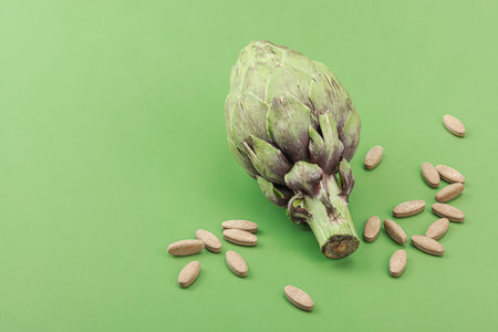 Dietary supplements Artichoke leaf extract capsules. Alternative medicine, herbal lifestyle, healthy self care. Savannah green trendy background, flat lay, copy spaceの写真素材