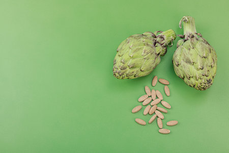 Dietary supplements Artichoke leaf extract capsules. Alternative medicine, herbal lifestyle, healthy self care. Savannah green trendy background, flat lay, top viewの写真素材
