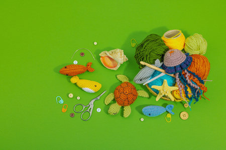 Set of clew of thread for knitting. Crocheted different underwater animals, handmade marine hobby...