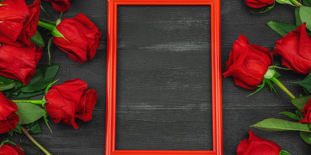 Red roses on dark wooden background. Empty blackboard, blooming flowers, festive concept for Mother's Day or Valentine's Day. Greeting card, Easter flat lay, best wishes, banner formatの写真素材
