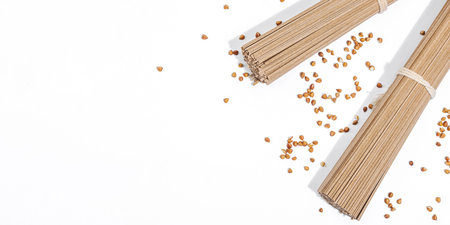 Japanese buckwheat soba noodles. Classic ingredient for preparing traditional dishes. Hard light,...