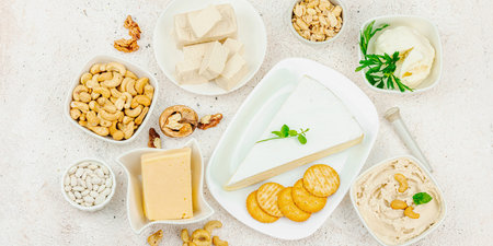 Set of assorted homemade vegan nuts cheese. Raw healthy sauce in a bowl, lactose free food. Bio organic product, plant based diet, alternative lifestyle. Light stone background, banner formatの写真素材