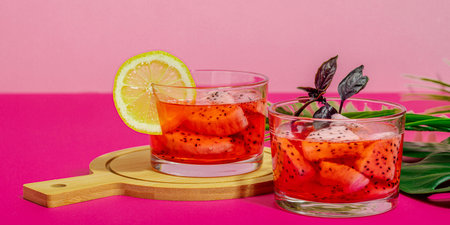 Dragon fruit refreshment drink. Pitaya tropical beverage, smoothie, cocktail. Sweet lemonade,...