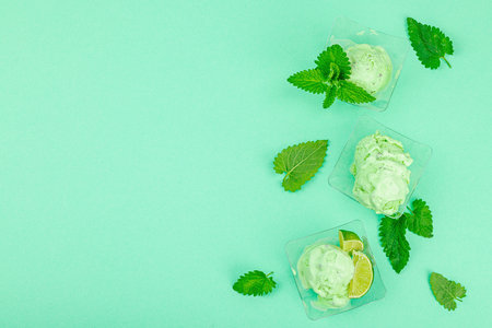 Trendy lemon balm ice cream. Refreshing summer dessert, vegan lactose free food. Pastel color background, top viewの写真素材