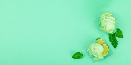 Trendy lemon balm ice cream. Chocolate drops, fresh leaves, ripe lemons. Refreshing summer dessert,...