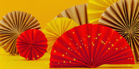 Happy Chinese New Year traditional concept. Oriental asian style paper fans on golden background, minimal concept, flat lay, banner formatの写真素材
