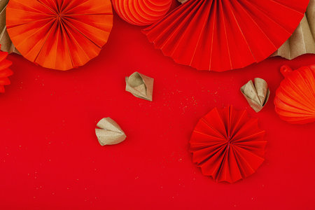 Happy Chinese New Year traditional concept, Zodiac snake symbol. Oriental asian style on red background, minimal concept, flat lay, top viewの写真素材