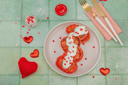 Sweet red pancakes for Valentine's Day breakfast, cream with sugar sprinkles in hearts shape on a pink plate. Trendy green tile background, top viewの写真素材