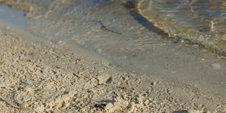 Scenic view of the Dnipro River in Kyiv with soft waves, wet sand, and clear blue water under sunlight. Peaceful natural atmosphere perfect for travel, banner formatの写真素材