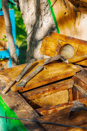 Traditional beekeeping tools, highlighting sustainable beekeeping and efforts to protect bee populations from climate change and global warmingの写真素材
