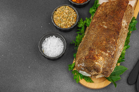High-protein roasted pork loin served with flavor spices, styled for food photography. Suitable for keto and paleo diets, black stone background, top viewの写真素材