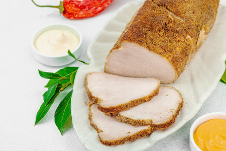 High-protein roasted pork loin served with tasty sauces, styled for food photography. Suitable for keto and paleo diets, white stone background, close upの写真素材