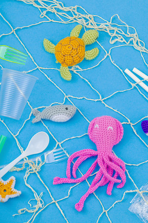 World Oceans Day, water pollution awareness, and environmental education visuals. Handmade crochet...
