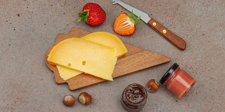 Cheese assortment on rustic background with nuts, strawberries and jam. Includes Gouda on wooden boards, banner formatの写真素材