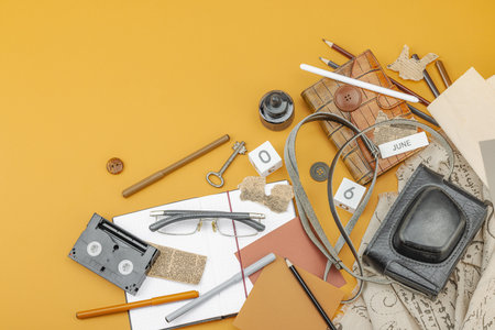 Flat lay composition with vintage journalism tools, symbolizing press freedom, OSINT and...