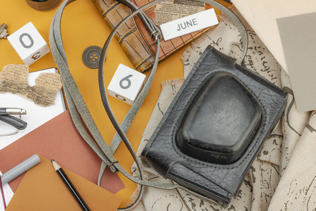 Flat lay composition with vintage journalism tools, symbolizing press freedom, OSINT and Journalist's Day in Ukraine. Retro elements, analog camera on ochre background, top viewの写真素材