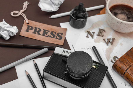 Creative flat lay with vintage camera, press tag, ink bottle, spilled coffee, and messy papers. A symbolic tribute to journalism, OSINT, and the pursuit of truth, close upの写真素材