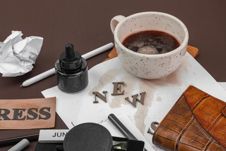 Creative flat lay with vintage camera, press tag, ink bottle, spilled coffee, and messy papers. A...