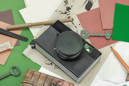 Flat lay with vintage camera, cassette, notebook, key and research tools on green background,...