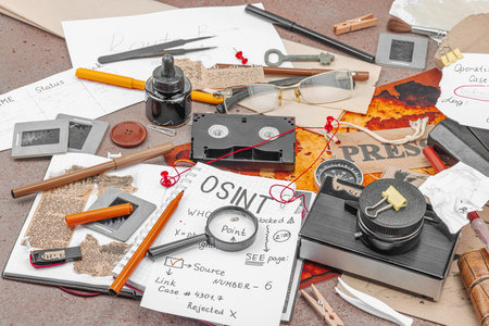 OSINT-themed creative workspace with vintage tools, handwritten notes, and press elements on a...
