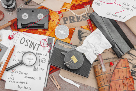 OSINT-themed creative workspace with vintage tools, handwritten notes, and press elements on a grunge table. Thematic props, flat lay, top viewの写真素材